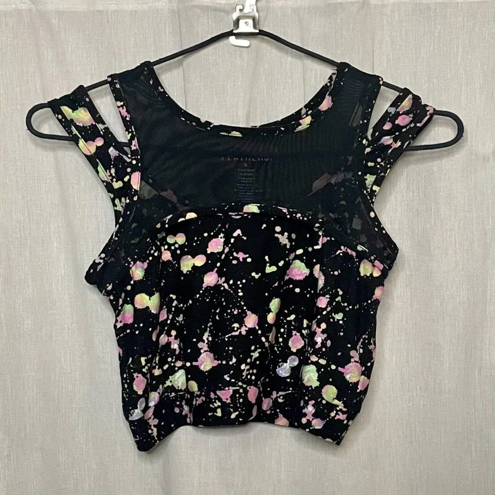 Feathers Women's Black & Neon Splatter Print Cropped Tank, Mesh & Fabric Sz S - Picture 2 of 10